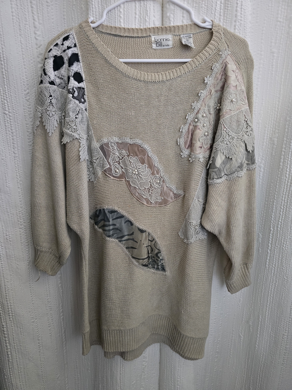 Boho WOMENS M Lace-AppliquéCrewneck Sweater in Cream by Bonnie And BILL BYHADLY.